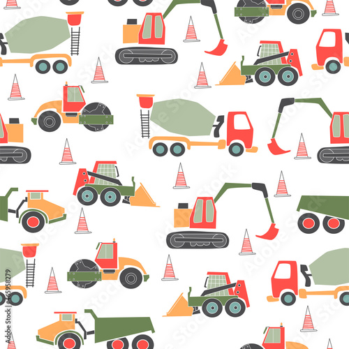 Cute vector seamless pattern with hand drawn  construction objects: bulldozer, excavator, crane, tractor, loader. Doodle illustration. Child print.