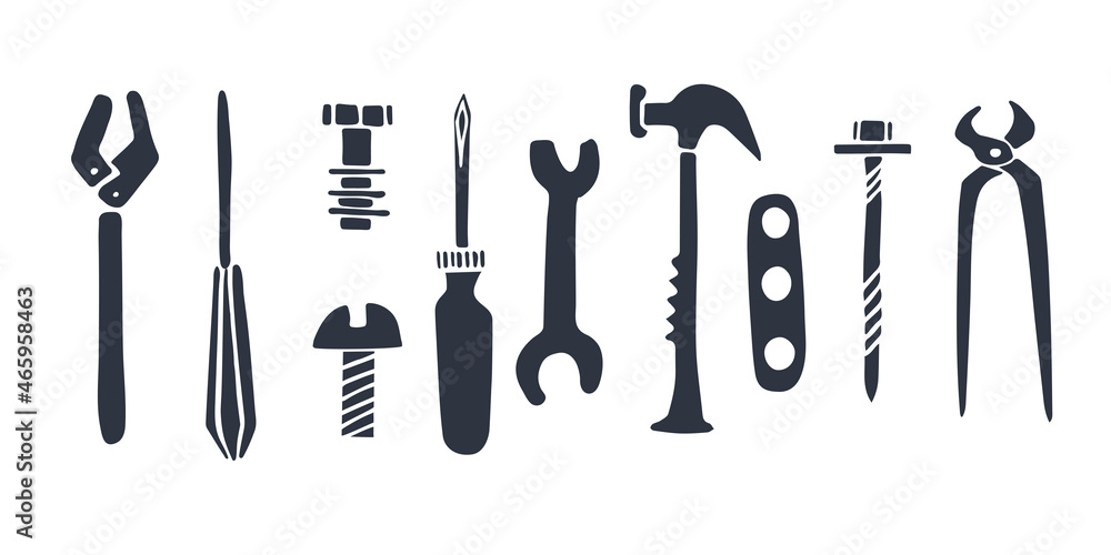 Wrench Flat Hand Drawn Icons. 10 Objects: Spanner, Wrench Hammer, Pliers, Bolt, Screwdriver, Shim. Vector Illustration Isolated on White. Wrench Flat Hand Drawn Icons. 10 Objects: Spanner, Wrench Hammer, Pliers, Bolt, Screwdriver, Shim. Vector Illustration Isolated on White.