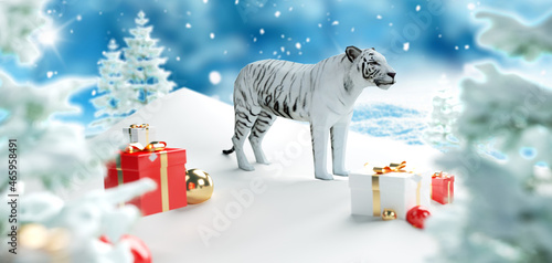 2022 background, 2022 tiger, 3d render, balls, baubles, bow, box, celebration, christmas, christmas background, christmas tree, composition, december, decor, decoration, design, festive, festivity, fr