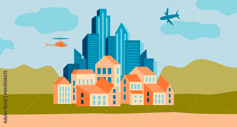 Urban landscape with high skyscrapers. Vector illustration.
