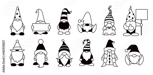 Gnomes isolated illustrations. Black and white. Set of vector cartoon gnome characters
