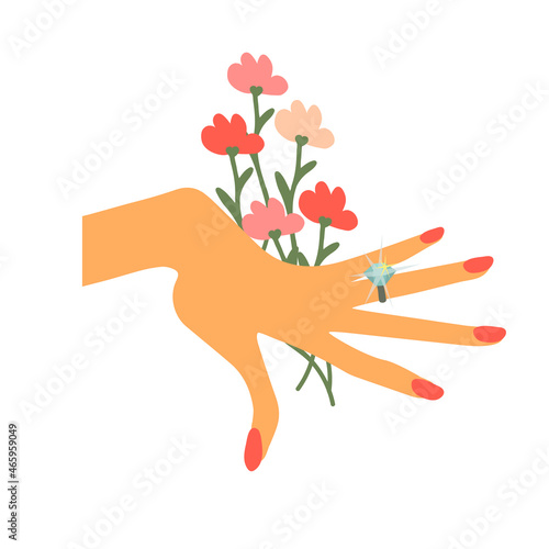 Beautiful womans hand with engagemant ring and flowers. Vector illustration isolated on white.  photo