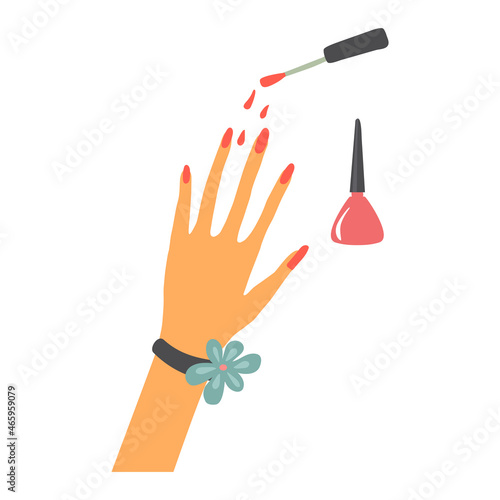 Nail art concept. Woman beautiful hand with red polish. Nail lacquer bottle and brush. Hand drawn vector illustration. Isolated on white.