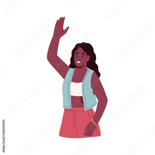 Happy woman greeting smb with hi gesture, waving with hand. Smiling friendly black person saying hello and welcoming with arm up. Flat vector illustration isolated on white background