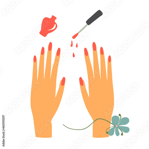 Nail art concept. Woman beautiful hand with red polish. Nail lacquer bottle and brush. Hand drawn vector illustration. Isolated on white.