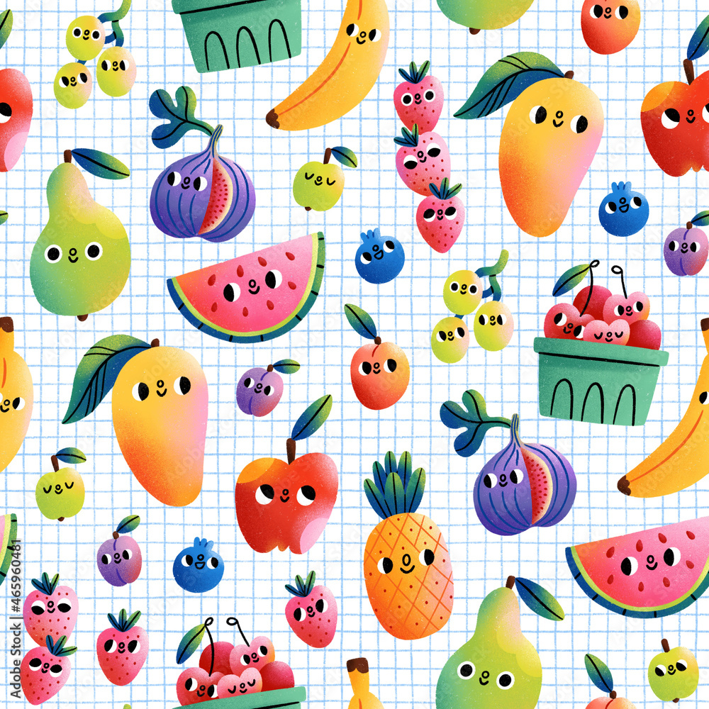 Super fresh exotic fruits cartoon characters on a check background, seamless pattern illustration