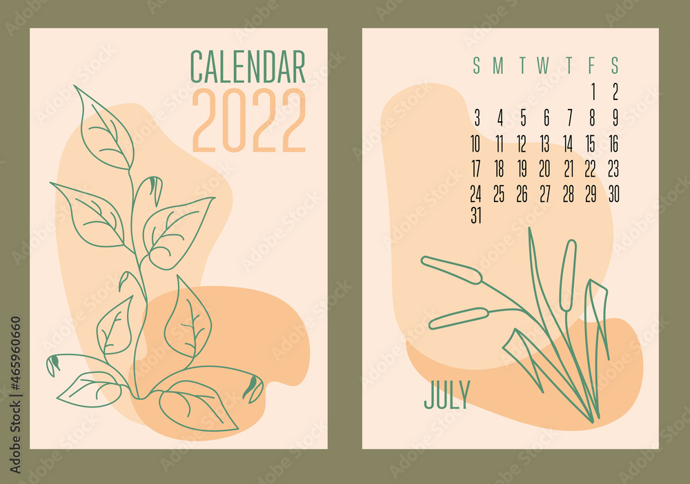 Vector vertical calendar 2022 with abstract sapes and plants in trendy contemporary collage style. Week starts on Sunday. Cover and page July in size A3, A4, A5. Design in pastel colors. EPS10