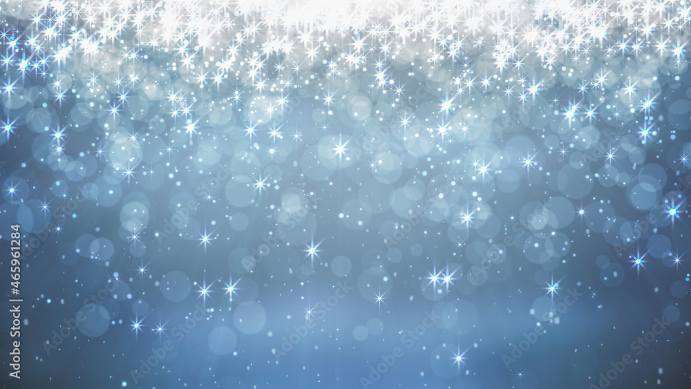 Blue Christmas luminous background with falling snow, starry sparkles and blurred particles