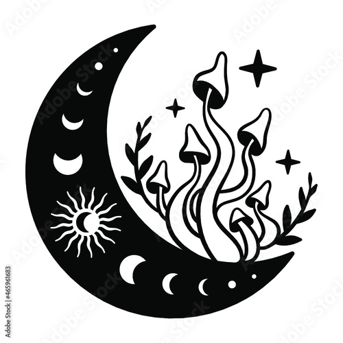 Mystical mushrooms isolated clipart, magic line celestial mushrooms, floral mystical. Black and white vector illustration.