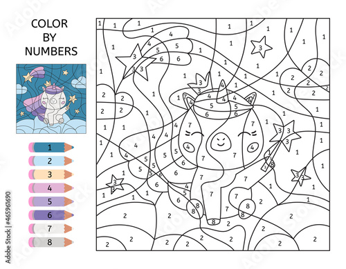 Educational game color by numbers. Cute cartoon unicorn with magic wand, clouds and stars. Princess little pony. Black and white coloring page. Learn numbers and colors. Printable worksheet.