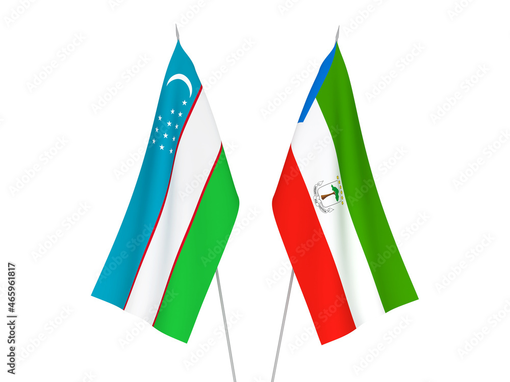 National fabric flags of Uzbekistan and Republic of Equatorial Guinea isolated on white background. 3d rendering illustration.