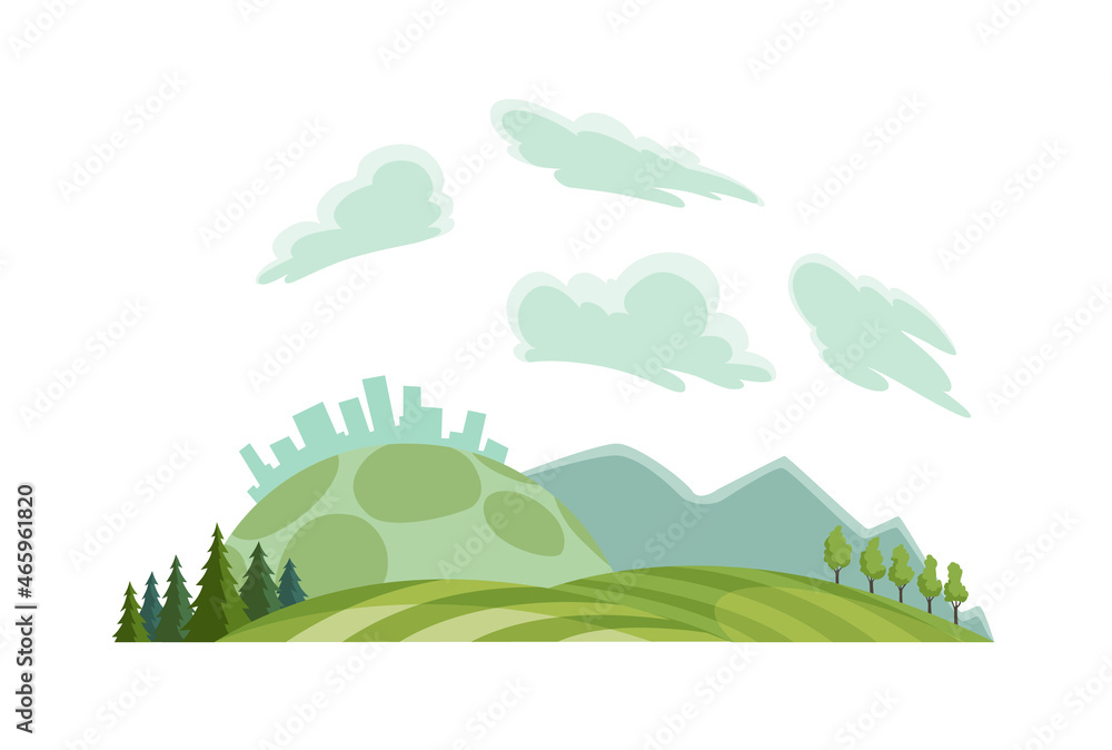Clean nature landscape. Environment panorama with blue sky. Ecological change of the future. City skyline on background