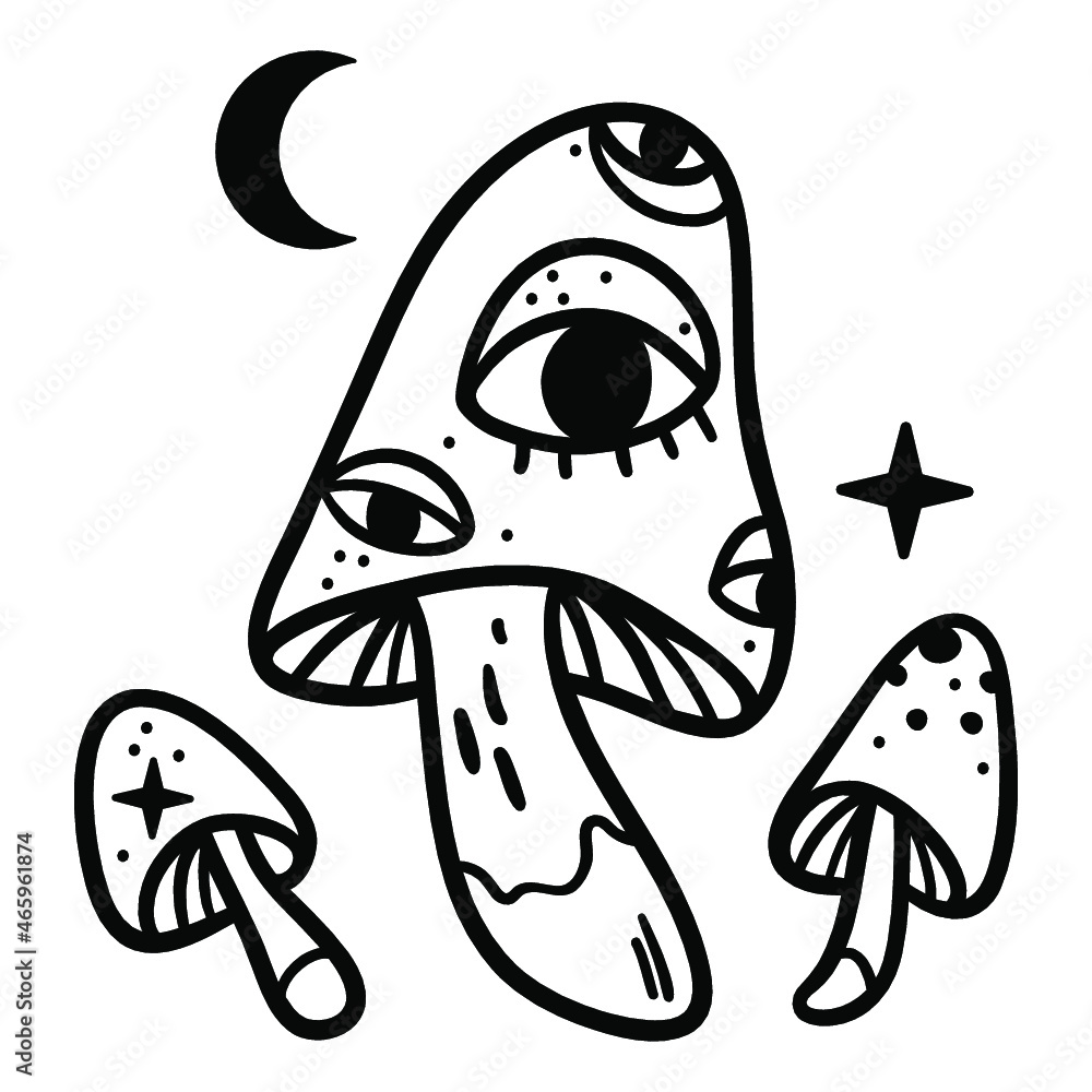 Mystical mushrooms isolated clipart, magic line celestial mushrooms, moon and stars. Black and white vector illustration. Mystical mushrooms isolated clipart, magic line celestial mushrooms, moon and stars. Black and white vector illustration.