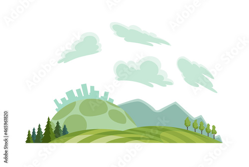 Clean nature landscape. Environment panorama with blue sky. Ecological change of the future. City skyline on background
