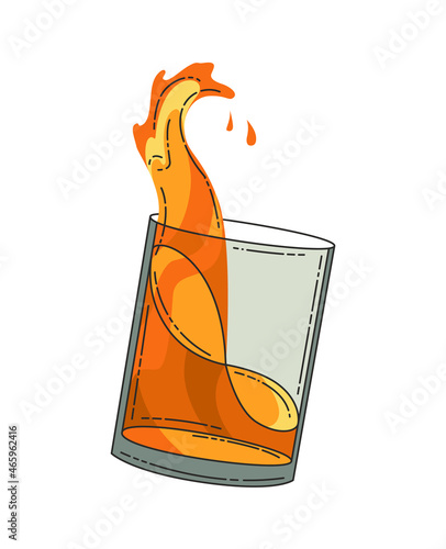 Glass of whiskey with ice and pouring drink. Realistic vector glass with smokey scotch whiskey and ice isolated on white background. Glass and drink