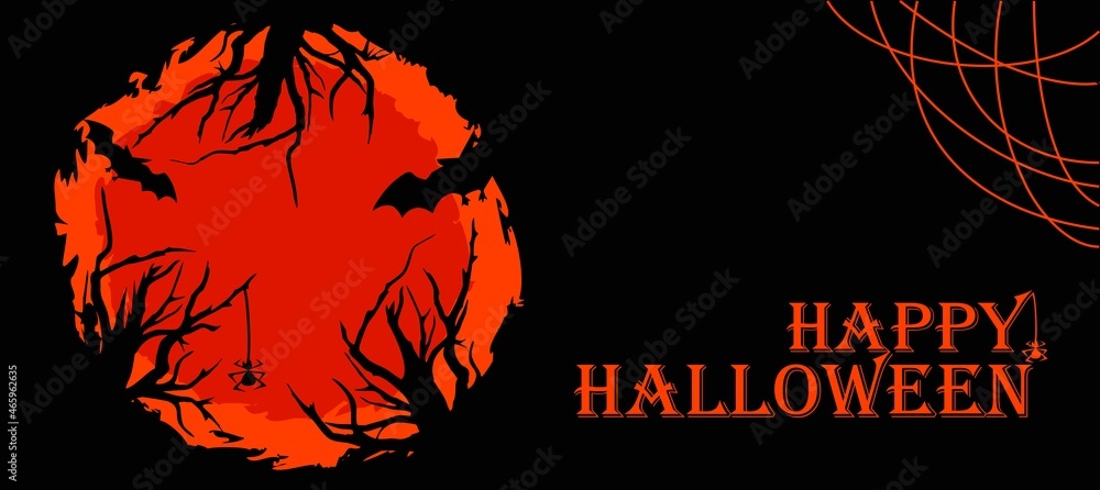 Halloween background with a spooky forest against the backdrop of a bloody full moon. Bats and curved branches, orange glow of the moon on a black background. Happy halloween lettering.