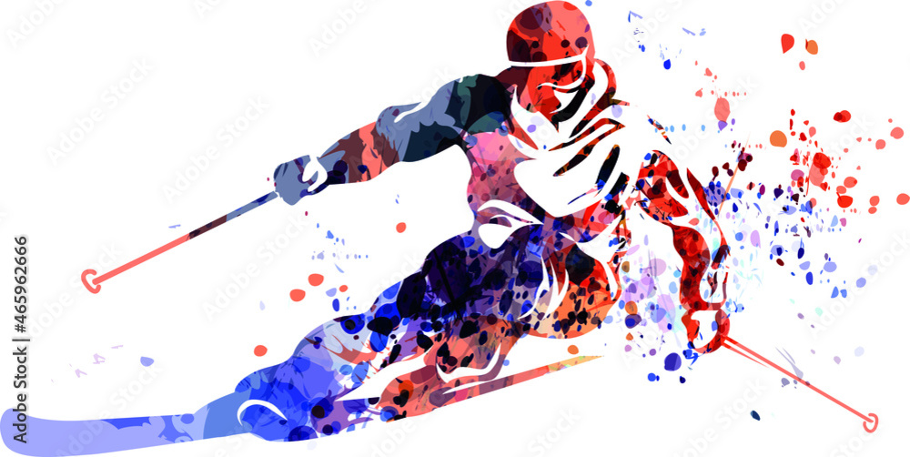 Vector watercolor silhouette of a skier - obrazy, fototapety, plakaty 