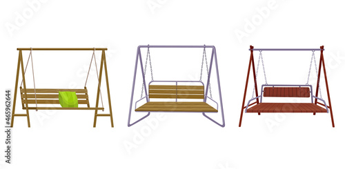 Set of garden swing benchs. Classic outdoor garden wooden hanging furniture. Wooden porch swings hanging on frame with ropes and chains. Patio elements for relax