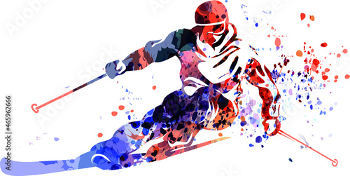 Vector watercolor silhouette of a skier photo