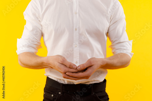 Young businessman is showing the word. Your text here