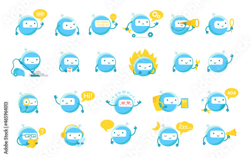 Little blue round robot mascot character big set. Cute Robot emoji. Cartoon vector illustrations. Artificial Intelligence.
