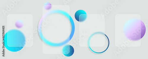 Carousel template social media concept glass interfaces for mobile applications. Smartphone transpsrent screen on the background of colorful balls. Realistic 3D model. Abstract App mockup. Glass morph