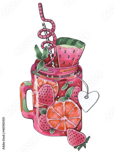 hand drawn illustration bright sketch with markers cold drink lemonade with watermelon and strawberry orange straw and mint leaves