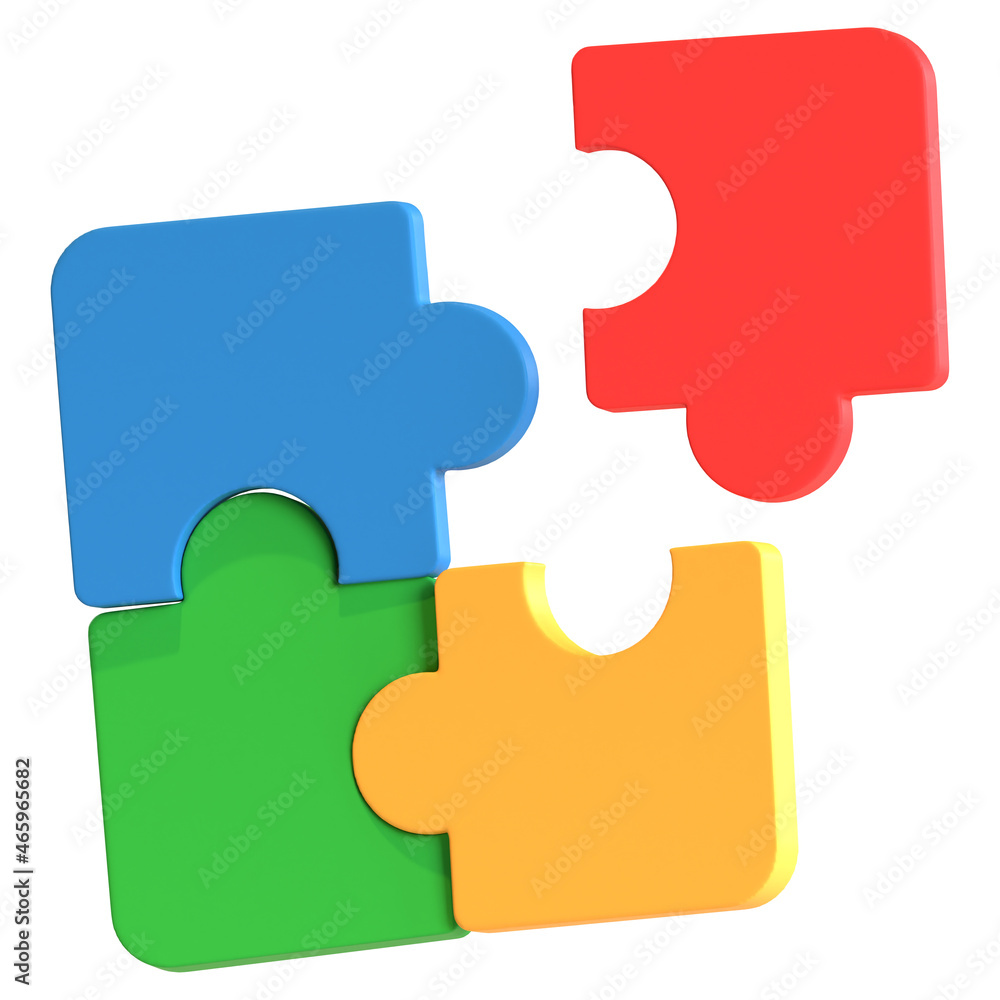 puzzle en 3D avec une pièce qui s'emboite avec 3 autres en 4 couleurs puzzle en 3D avec une pièce qui s'emboite avec 3 autres en 4 couleurs