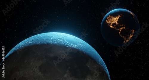 Fototapeta Naklejka Na Ścianę i Meble -  space close-up of the moon craters realistically, then the planet earth glows with the cities of America in the background, the sun illuminates, 3d render, the earth and the moon