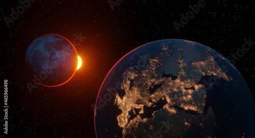 Fototapeta Naklejka Na Ścianę i Meble -  cosmos planet earth the cities of Europe and Asia are glowing the moon in the background the sun illuminates the edge of the planets, 3d render, the earth and the moon are cosmically visible