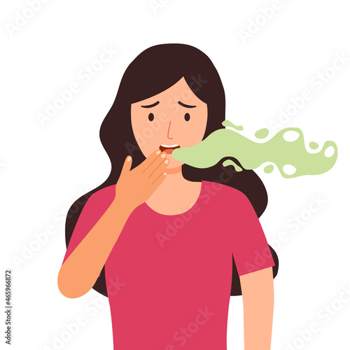 Man with bad breath in flat design on white background. Smelly mouth concept vector illustration. Oral health.