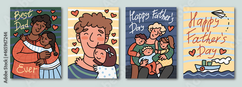 Happy Father's Day greeting cards set. Cute vector hand drawn illustration in cartoon style. Multinational characters.