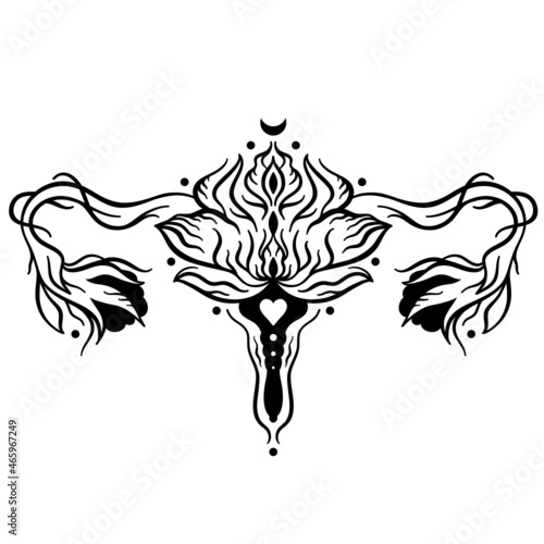 Decorative drawing of female uterus with flowers. Girl power, feminism, female nature. Vector illustration isolated on white.