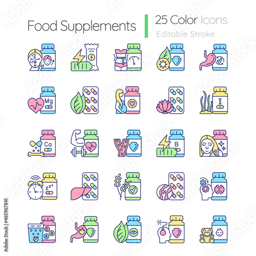 Food supplements RGB color icons set. Source of vitamins and nutrients. Eating healthy. Dietary supplements for healthy lifestyle. Isolated vector illustrations. Simple filled line drawings collection