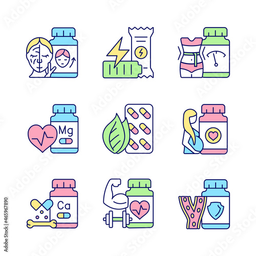 Food supplements RGB color icons set. Dietary supplements for women. Pills for athletes. Nutrient compounds. Vitamin source. Isolated vector illustrations. Simple filled line drawings collection