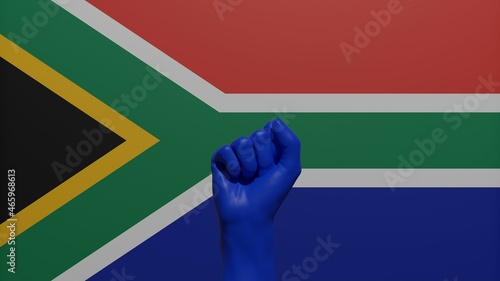 A single raised blue fist in the center in front of the national flag of South Africa