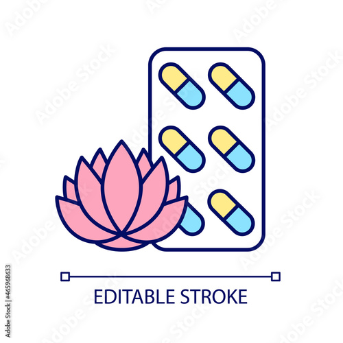 Tranquilizing supplements RGB color icon. Stress relieving complementary medicine. Nervousness reducing. Pills for peaceful rest. Isolated vector illustration. Simple filled line drawing