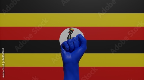 A single raised blue fist in the center in front of the national flag of Uganda