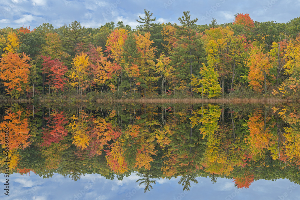 Autumn landscape of the shoreline of Long Lake with mirrored reflections in calm water, Yankee Springs State Park, Michigan, USA Autumn landscape of the shoreline of Long Lake with mirrored reflections in calm water, Yankee Springs State Park, Michigan, USA