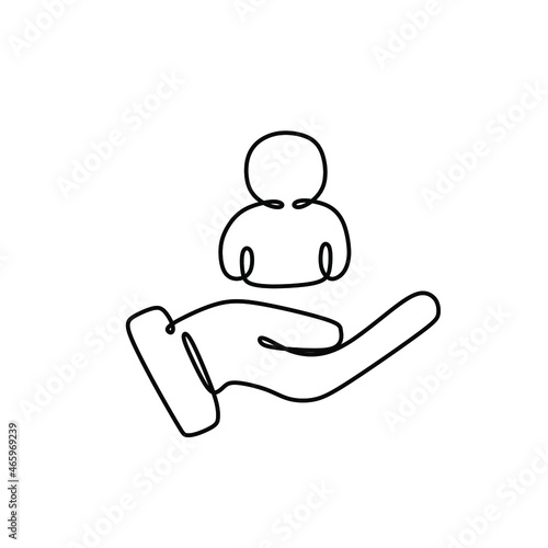 Inclusion and diversity concept. Inclusive workplace. Hand and worker icon. Employee protection. Abstract one line illustration