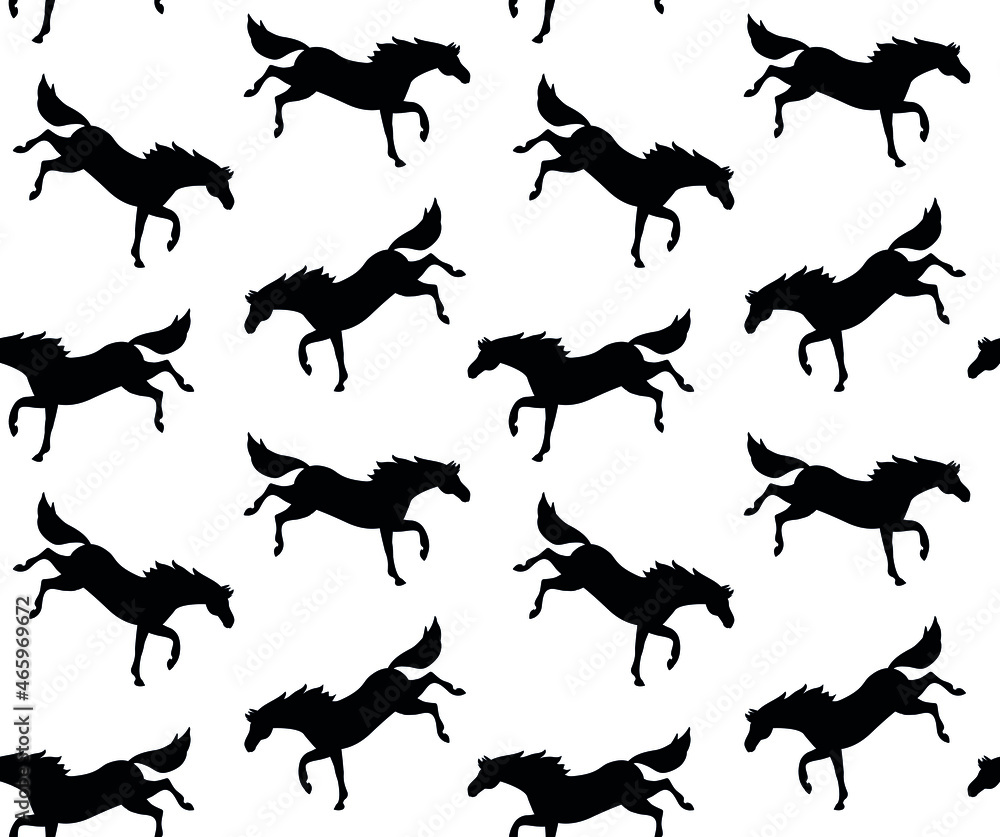 Vector seamless pattern of flat horse silhouette kicking isolated on white background Vector seamless pattern of flat horse silhouette kicking isolated on white background