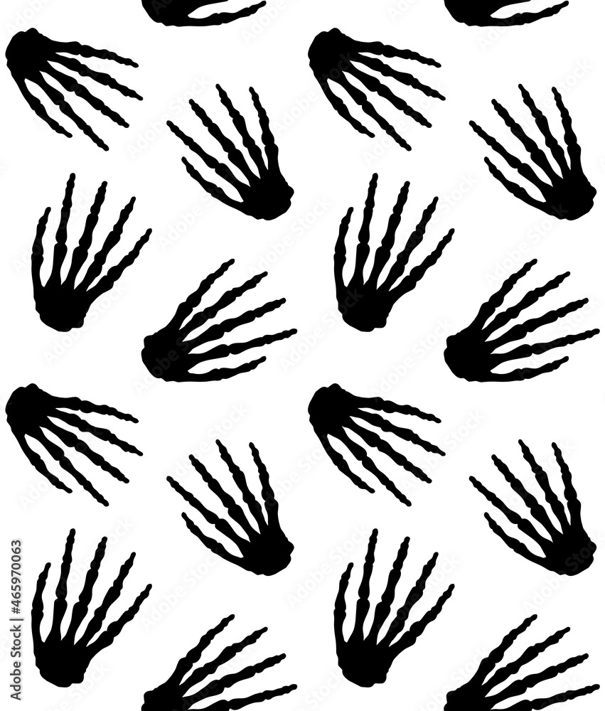 Vector seamless pattern of hand drawn doodle sketch skeleton hand silhouette isolated on white background