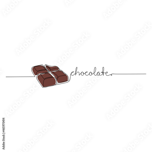 Continuous line drawing of chocolate pieces with text CHOCOLATE. Minimalistic art.