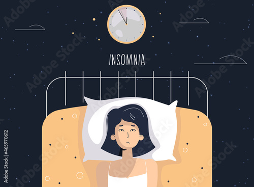 Insomnia young woman. Unhappy, sad, tired girl lying in bed, trying to fall asleep. Female character suffers from insomnia. Sleep disorder, sleeplessness concept.