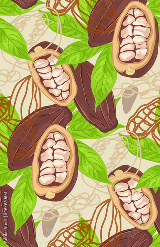 Vector seamless pattern of cocoa beans, pods and leaves with outlined drawings on brown background. Vector illustration.