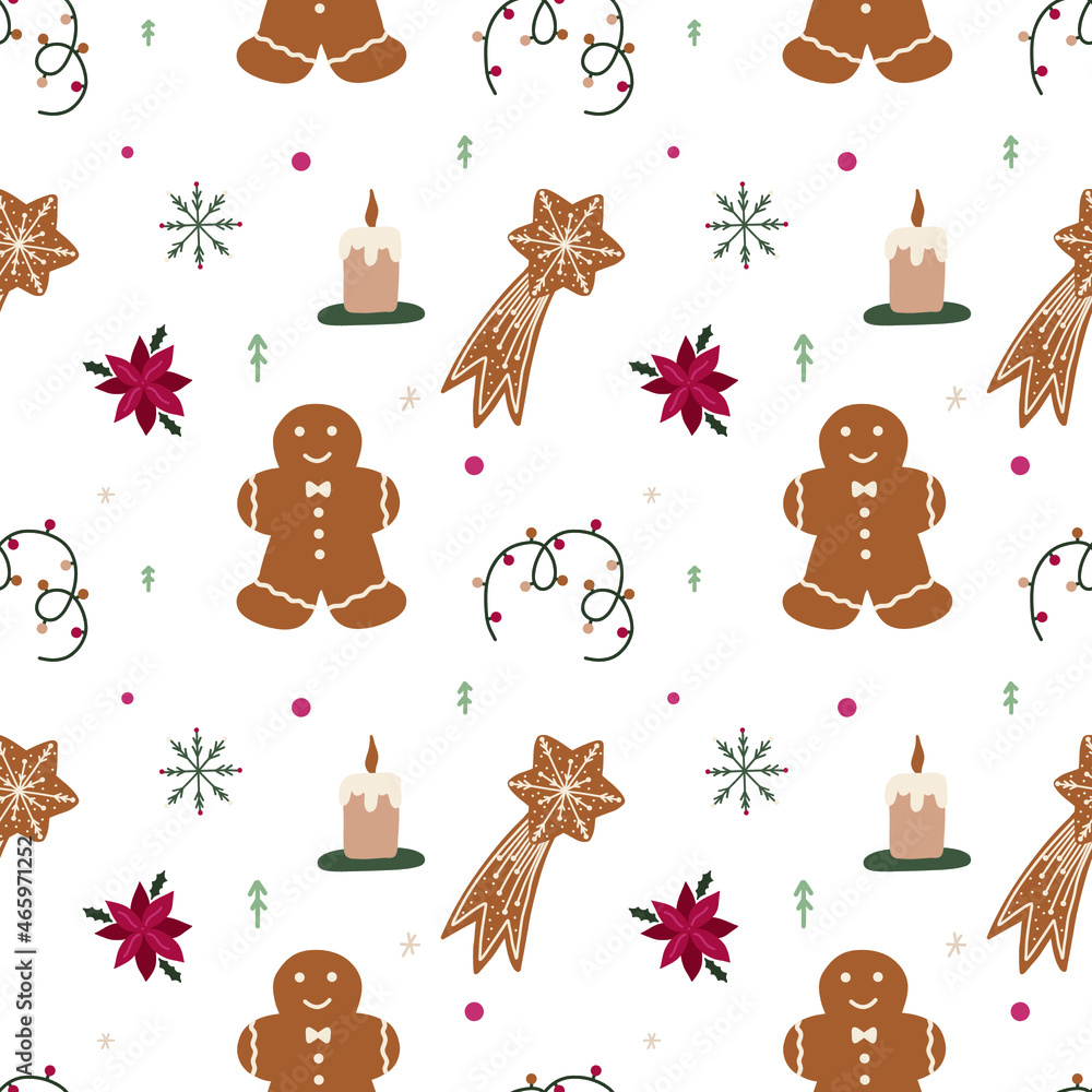 Naklejka premium Christmas seamless pattern with tree, snowflake, gift, garland, cookies, poinsettia and candle. Vector graphic.
