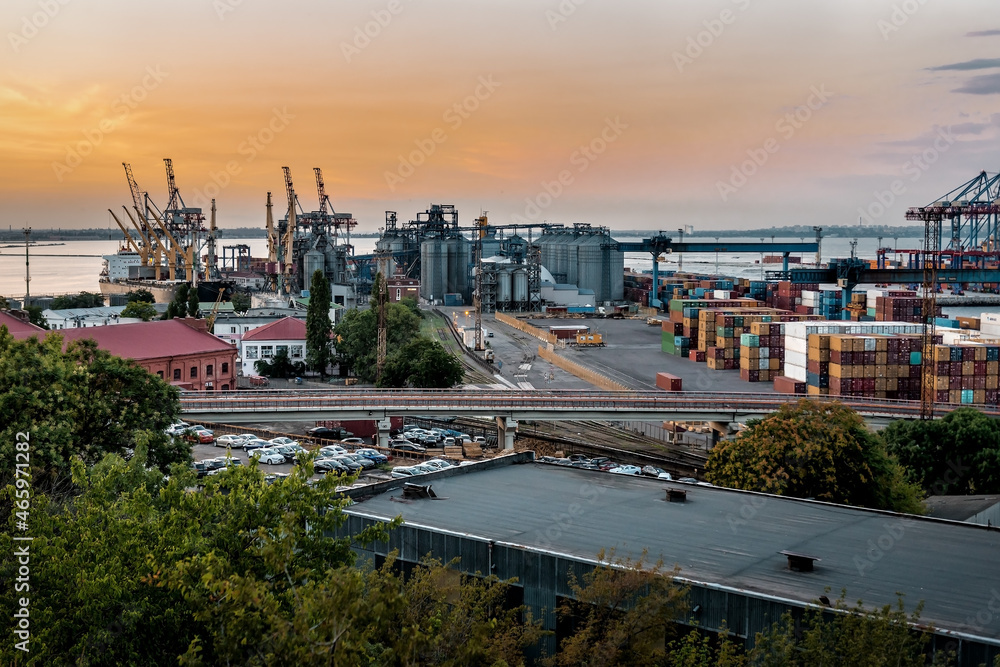 industrial cargo port on sunset