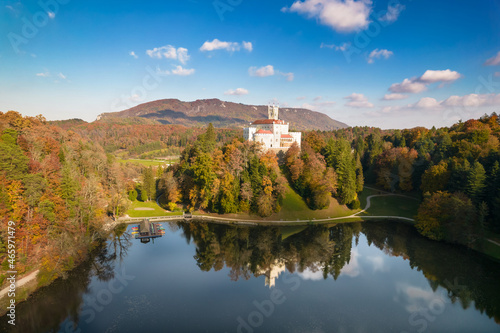 Idyllic lake hill castle of Trakoscan in Zagorje region aerial view