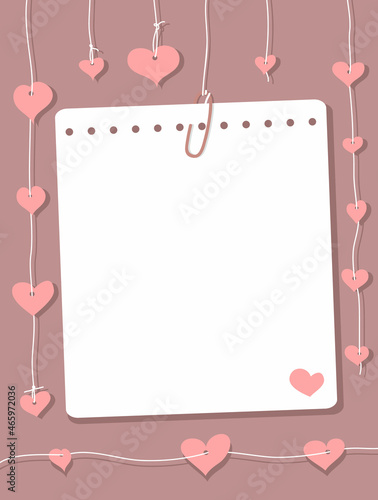 A sheet of notepad paper connected with a paperclip hang on a thread. Garlands of hearts on a strings hang nearby. Design for a wedding card or a valentine's day card. Vector illustration, flat style