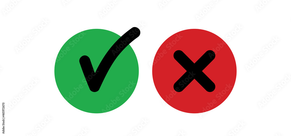 Cross and check mark icons, vector buttons. Checkmark tick and x. Cross and check mark icons, vector buttons. Checkmark tick and x.